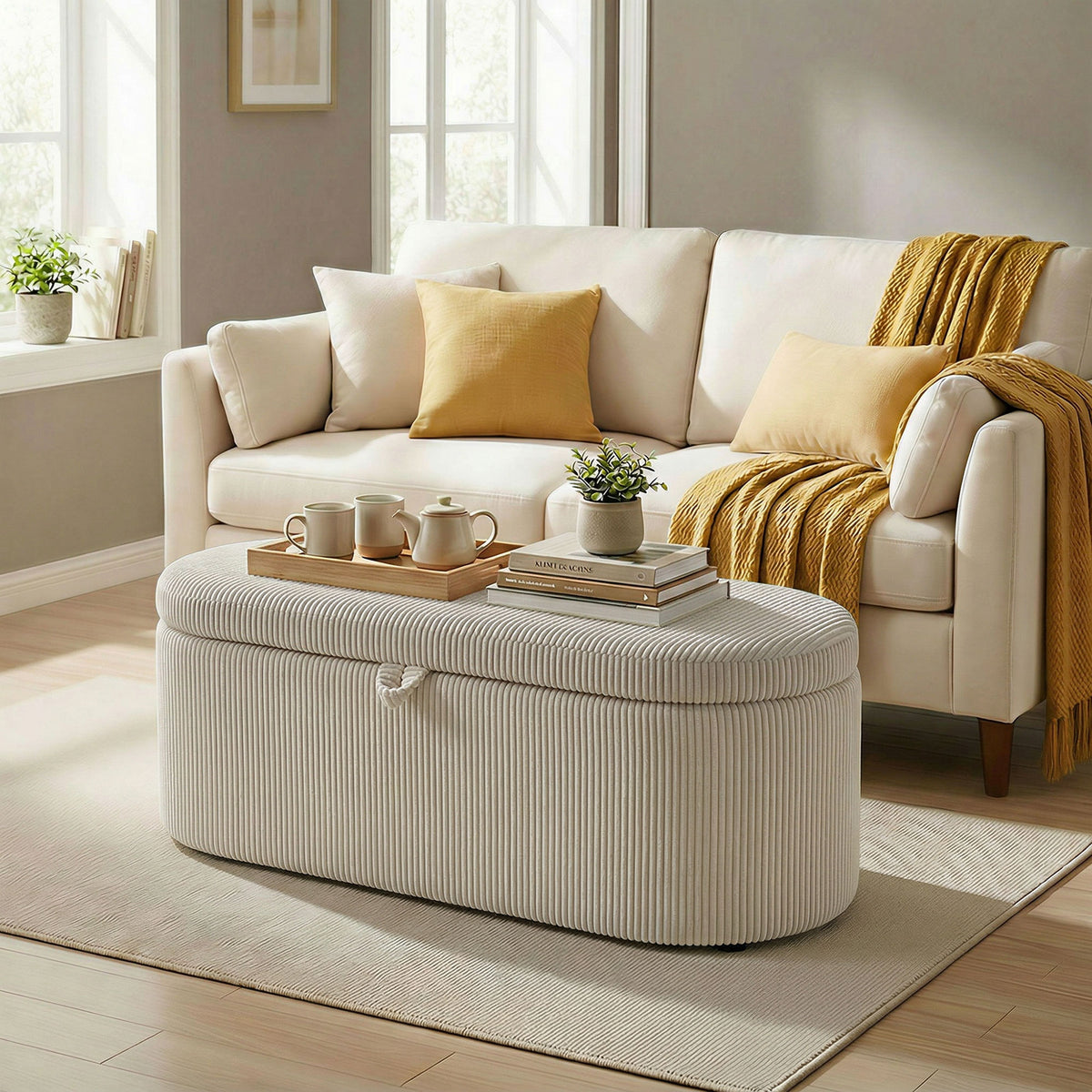 Aufbewahrungs-Ottomane, Cord-Polsterung mit gepolsterter Sitzfläche, Sitzbank am Bettende, 105 x 51 x 49 cm, Beige
