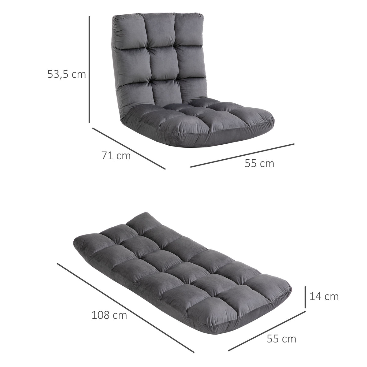 Sessel G?stematratze Bodensessel, verstellbare R¨¹ckenlehne, Velouroptik, 55 cm x 71 cm x 53,5 cm, Grau