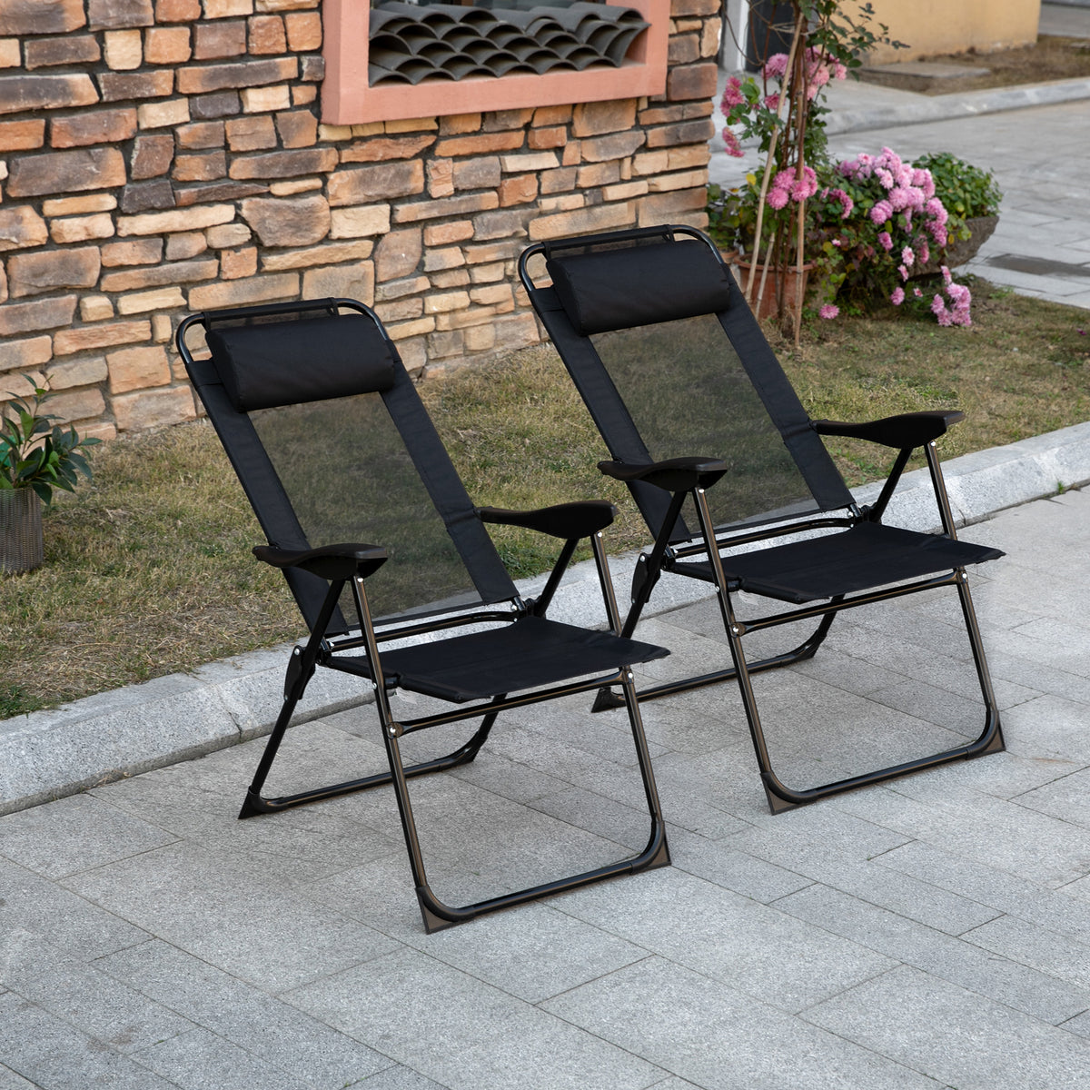 Klappstuhl 2er-Set, Klappliege, wetterfest, 5-fach verstellbare Rückenlehne, Metallgestell, Schwarz