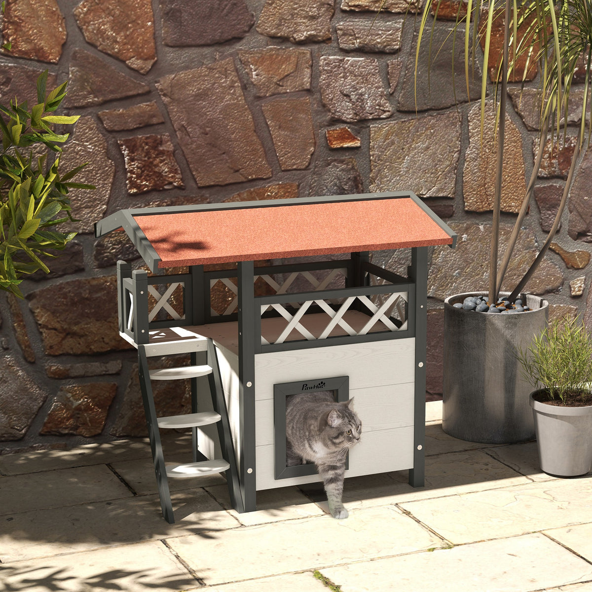 Cat House Outdoor w/ Balcony Stairs Roof, 77 x 50 x 73 cm, White