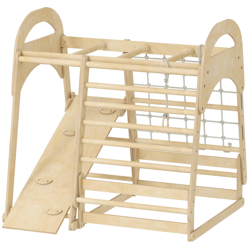 6 in 1 Kids Climbing Frame with Slide, Monkey Bars, Gymnastics Rings, Ladder, Climbing Net, for 3-6 Years, Natural Tone