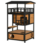 Wooden Outdoor Cat House, 3-Tier Cat Shelter with Tilted Roof, Terrace, Jump Step, Bottom Tray and Elevated Base, Waterproof Paint, Yellow