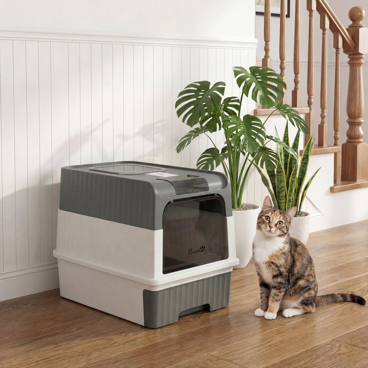 Enclosed Cat Litter Box with Lid, Pull-Out Drawer Tray, Scoop, 4 Deodorisation Bags, Front Entry & Top Exit, Grey
