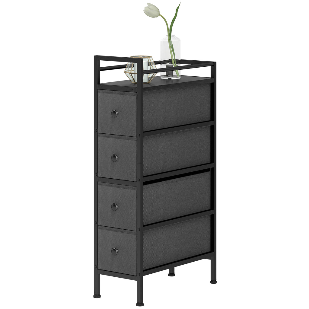 4 Drawer Fabric Dresser Chest of Drawers, Slim Storage Cabinet with Steel Frame for Small Spaces, Bedroom, Black