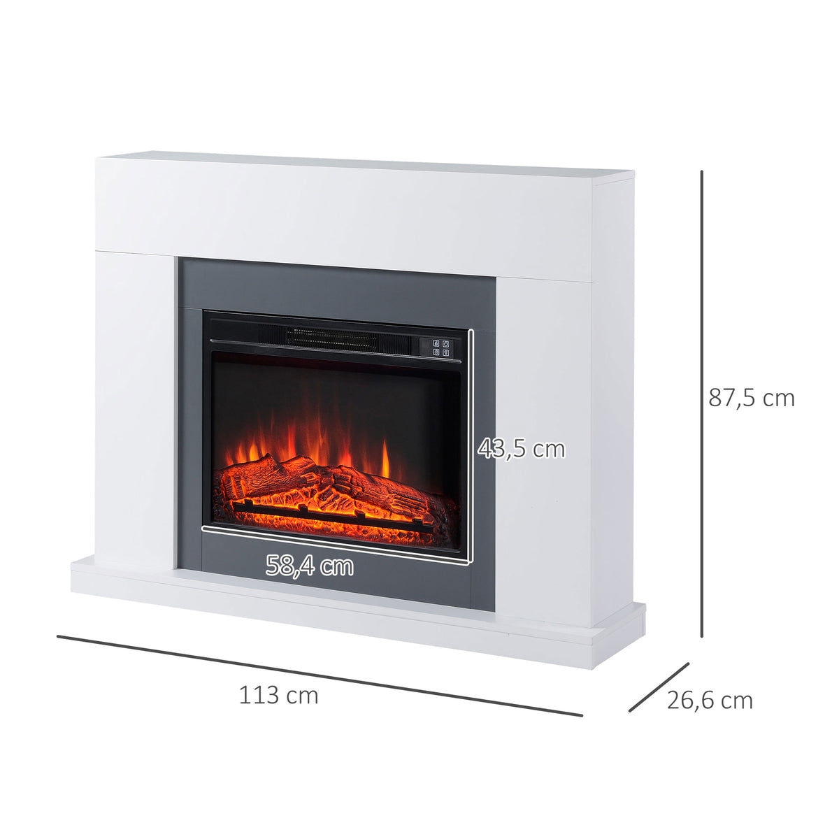 Elektrokamin mit Heizung, elektrischer Kamin mit LED Flammeneffekt und 3 Helligkeiten 2000W Dekokamin mit Einstellbarer Thermostat elektrisch Kaminfeuer mit Fernbedienung Weiß