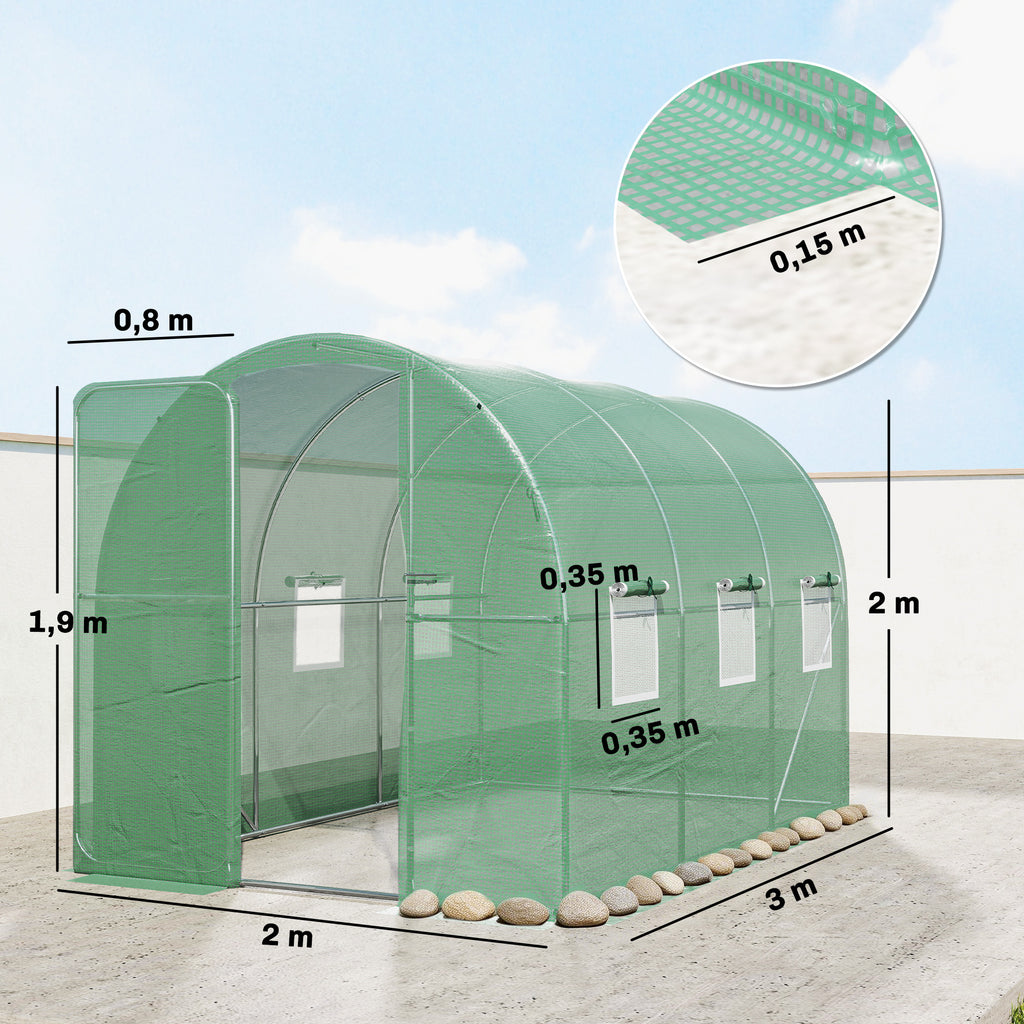 2 x 3 m Walk-in Polytunnel Greenhouse with Hinged Door and 6 Roll Up Mesh Windows, Garden Tunnel Warm House Tent, Green