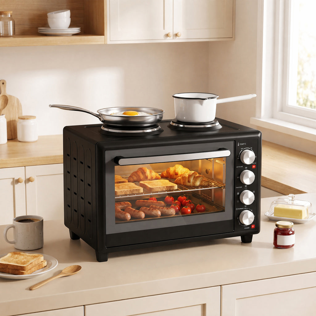 36L Mini-Backofen mit 2 Kochplatten, elektrischer Tischbackofen mit Umluft, 90–230 °C