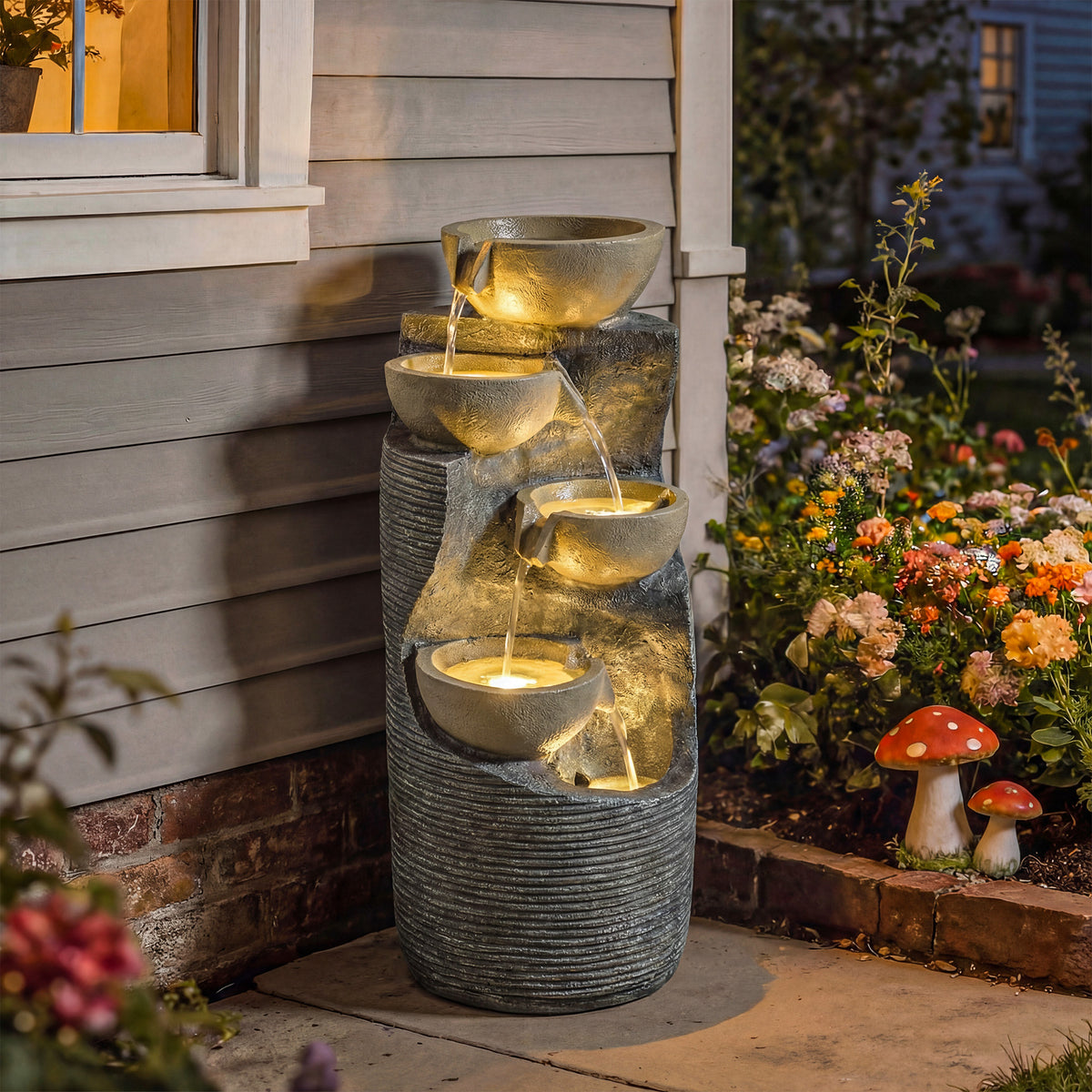 Springbrunnen 5-stufig Gartenbrunnen mit LED Beleuchtung Pumpe Steinoptik, Verstellbar 33 x 31 x 80 cm