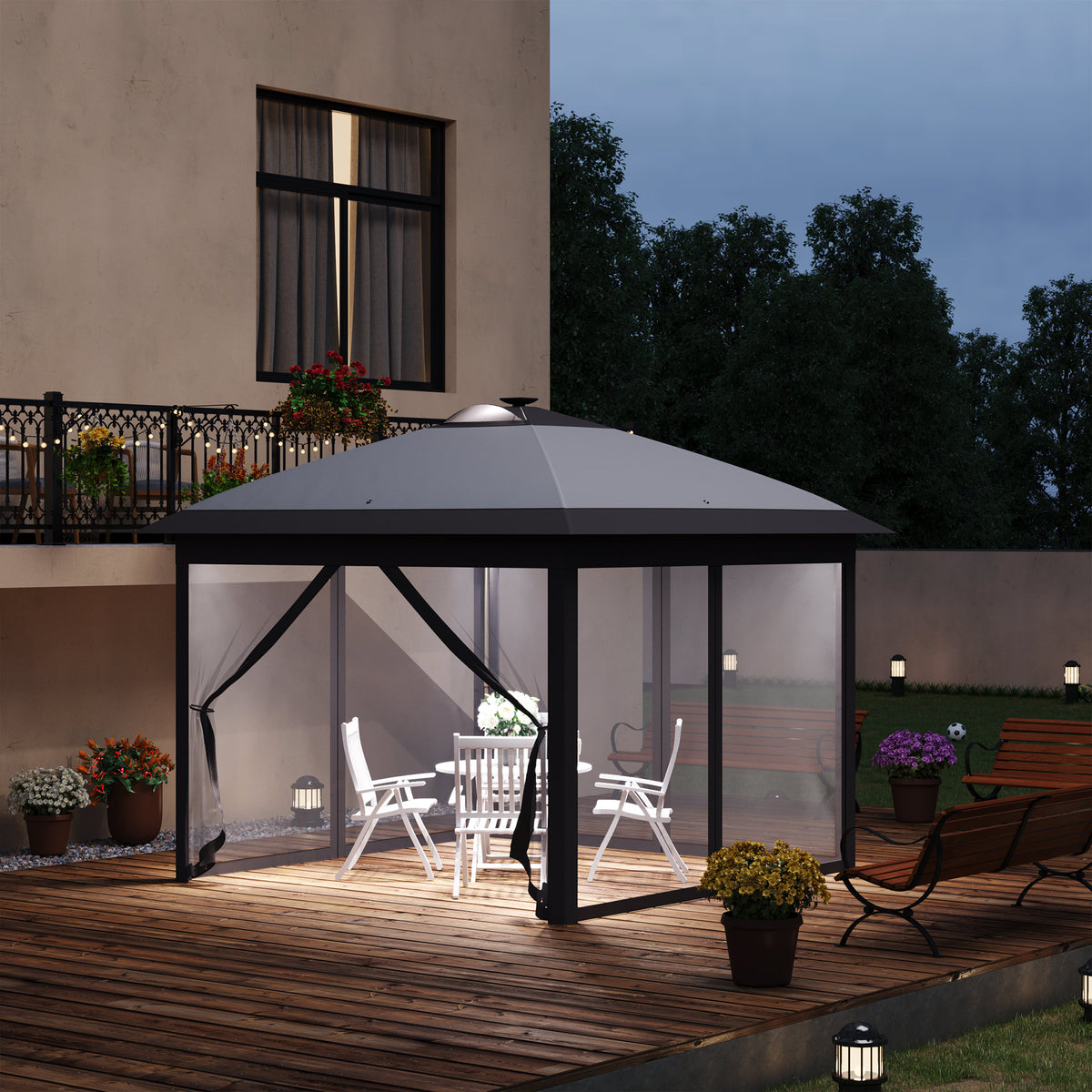 3,3 x 3,3 m Faltpavillon mit LED-Beleuchtung, Meshvorhänge, Tragetasche, Grau