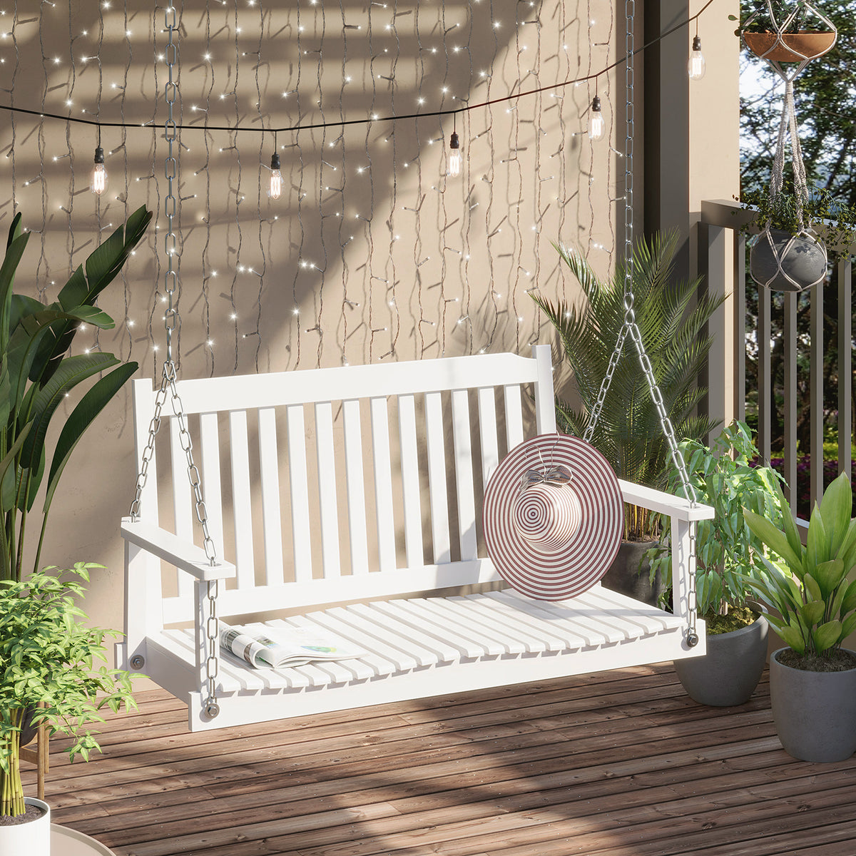 Gartenschaukel für 2 Personen Schaukelbank Hängebank Massivholz Patio Terrasse Hinterhof Weiß 117 x 69 x 60 cm