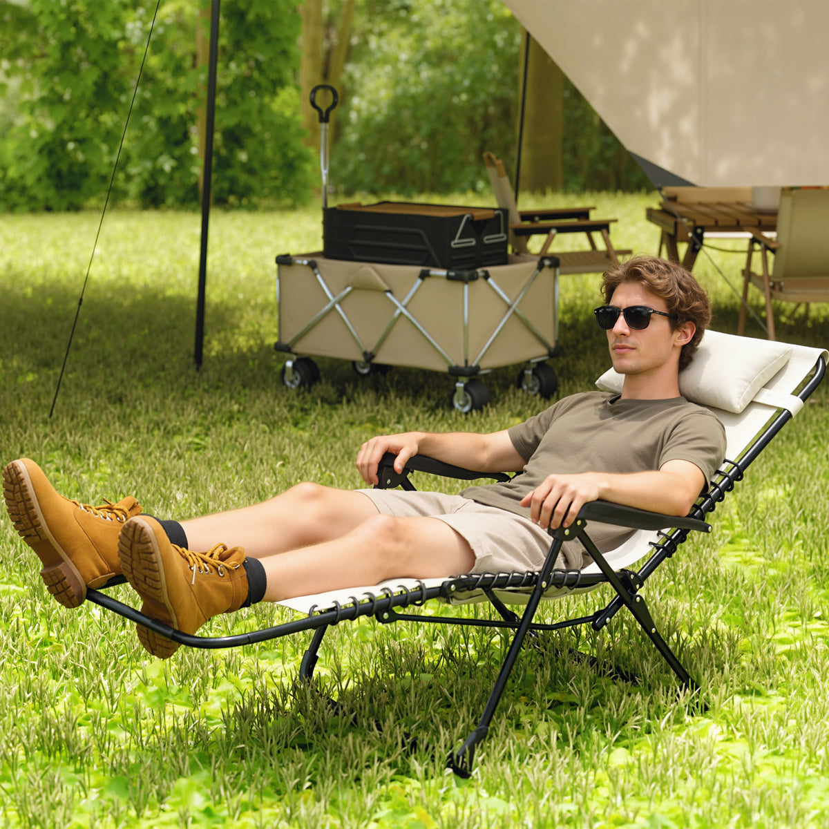 Sonnenliege klappbar Gartenliege mit Kopfkissen, 5-Fach verstellbare R¨¹ckenlehne bis 120 kg belastbar Beige