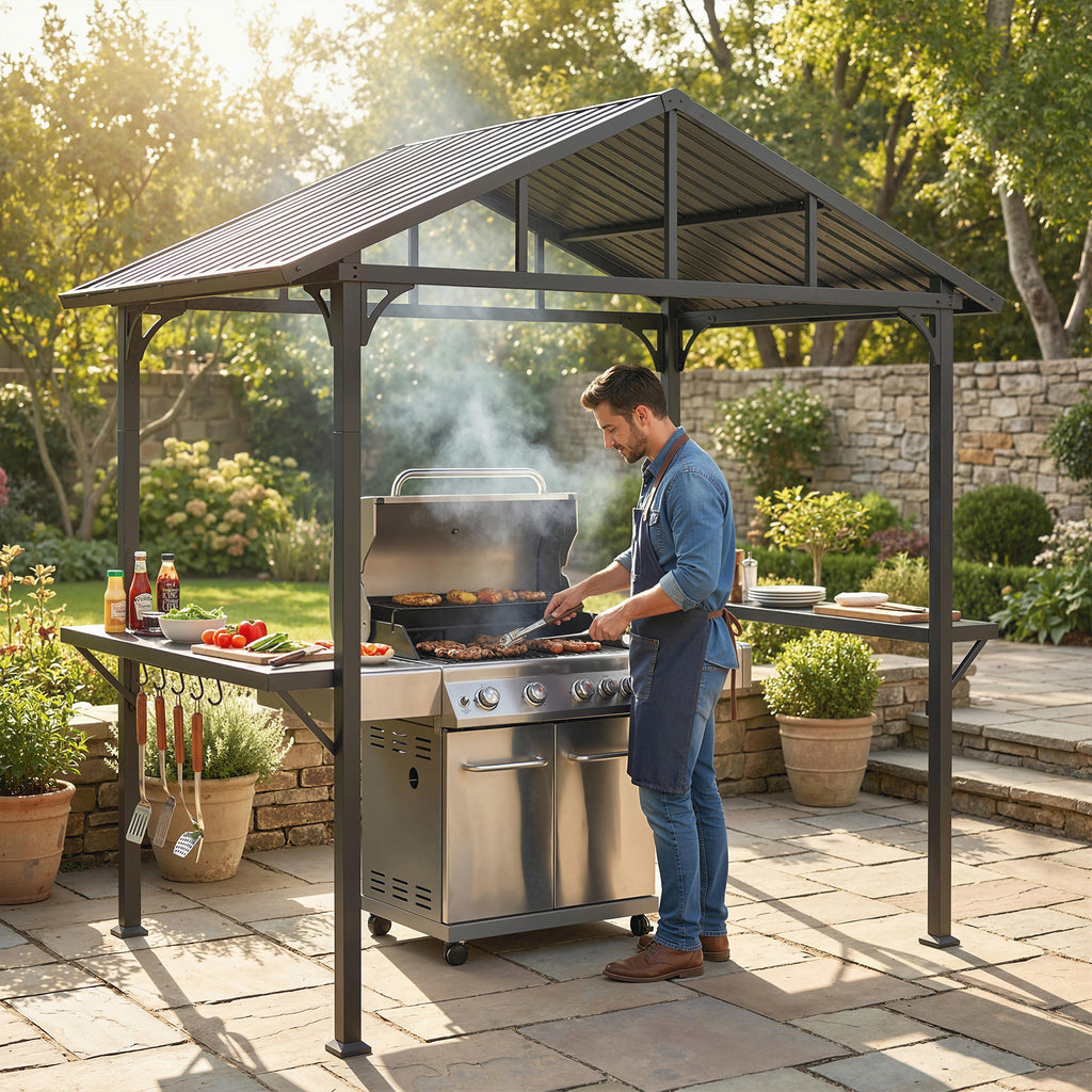 Grillpavillon 2,52 x 1,56 m, Wasserdicht Grill Pavillon mit Satteldach Seitenablage Haken Stahlrahmen Schwarz