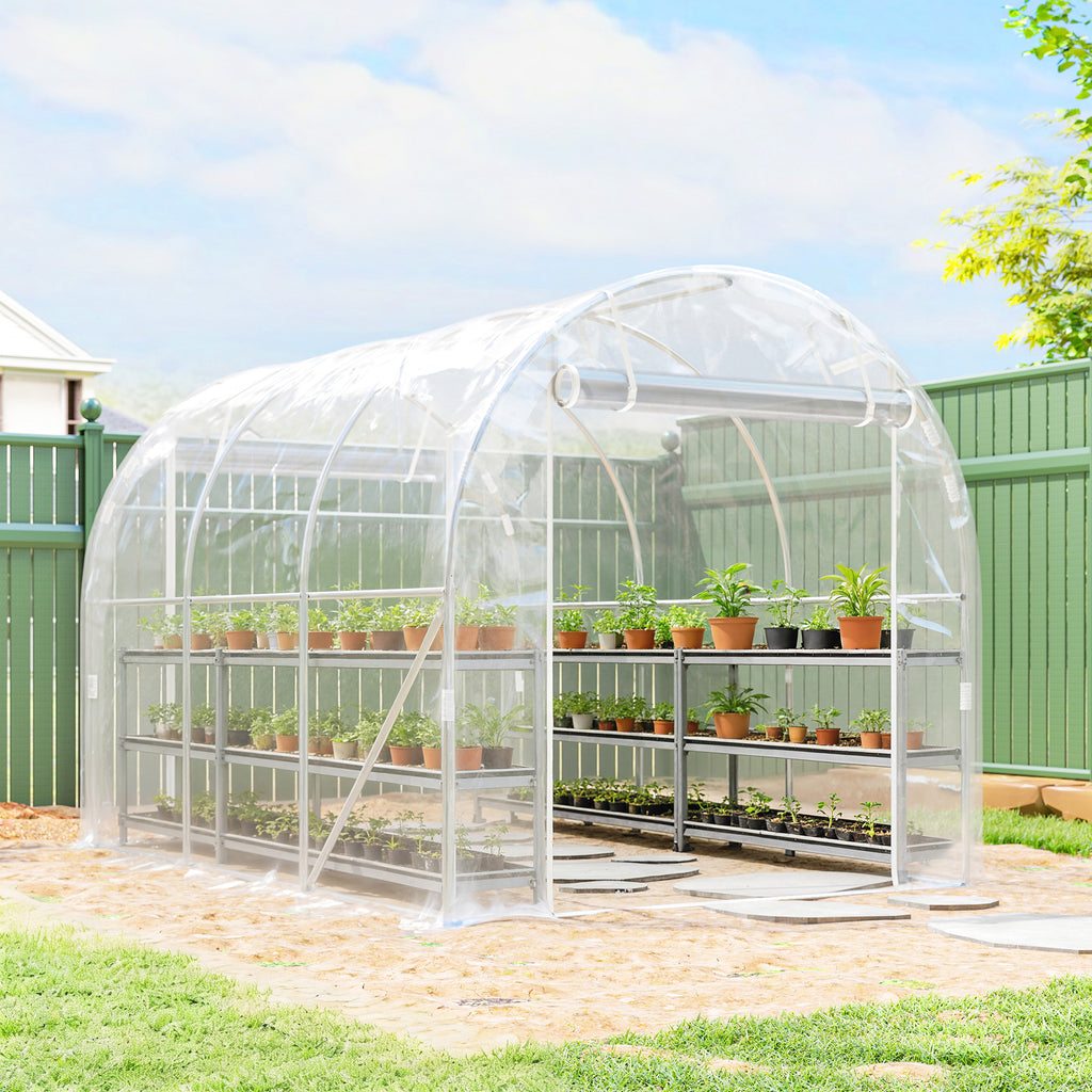 Polytunnel-Gewächshaus, begehbares Gewächshaus mit verzinktem Stahlrahmen und UV-beständiger PE-Abdeckung, transparent