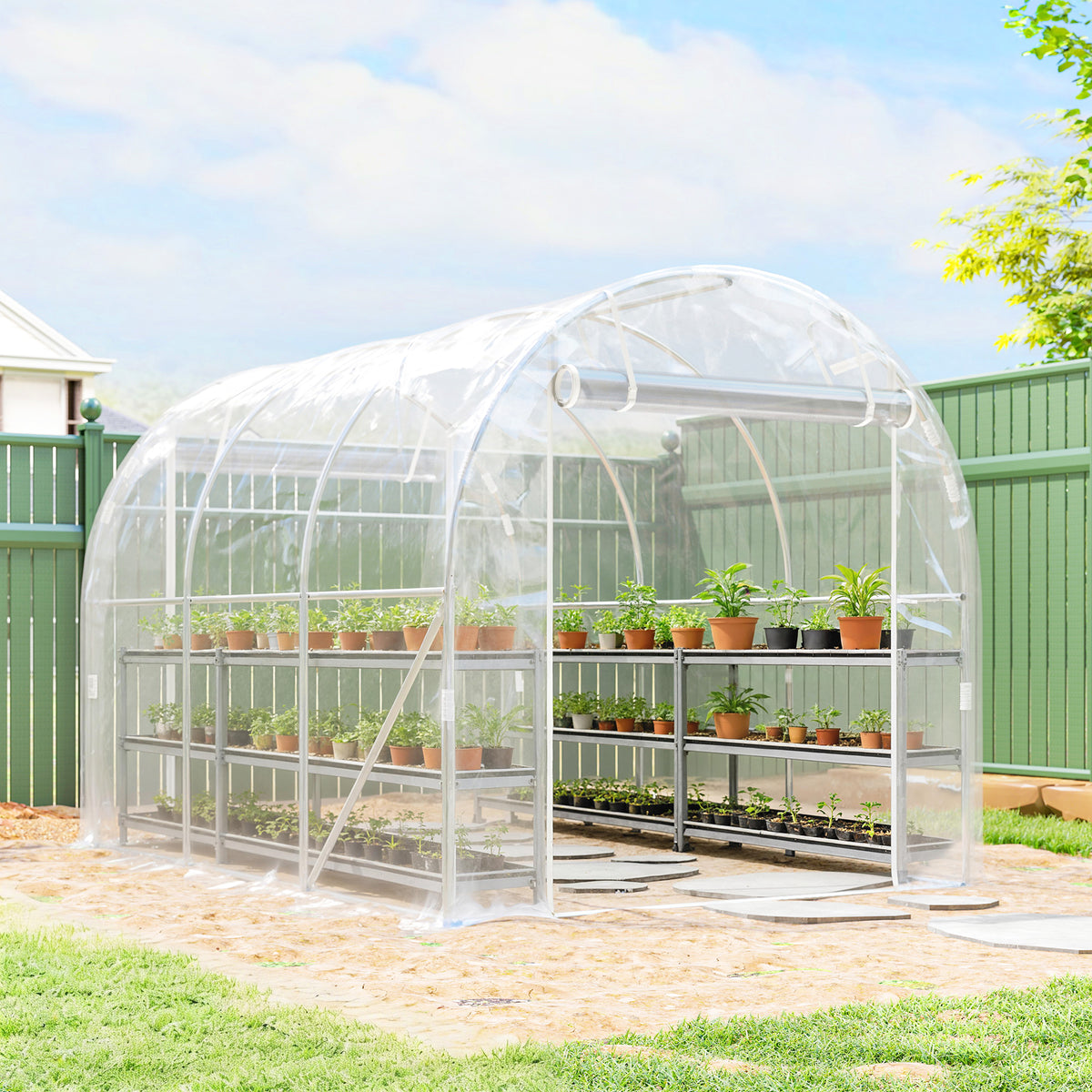 Polytunnel-Gewächshaus, begehbares Gewächshaus mit verzinktem Stahlrahmen und UV-beständiger PE-Abdeckung, transparent
