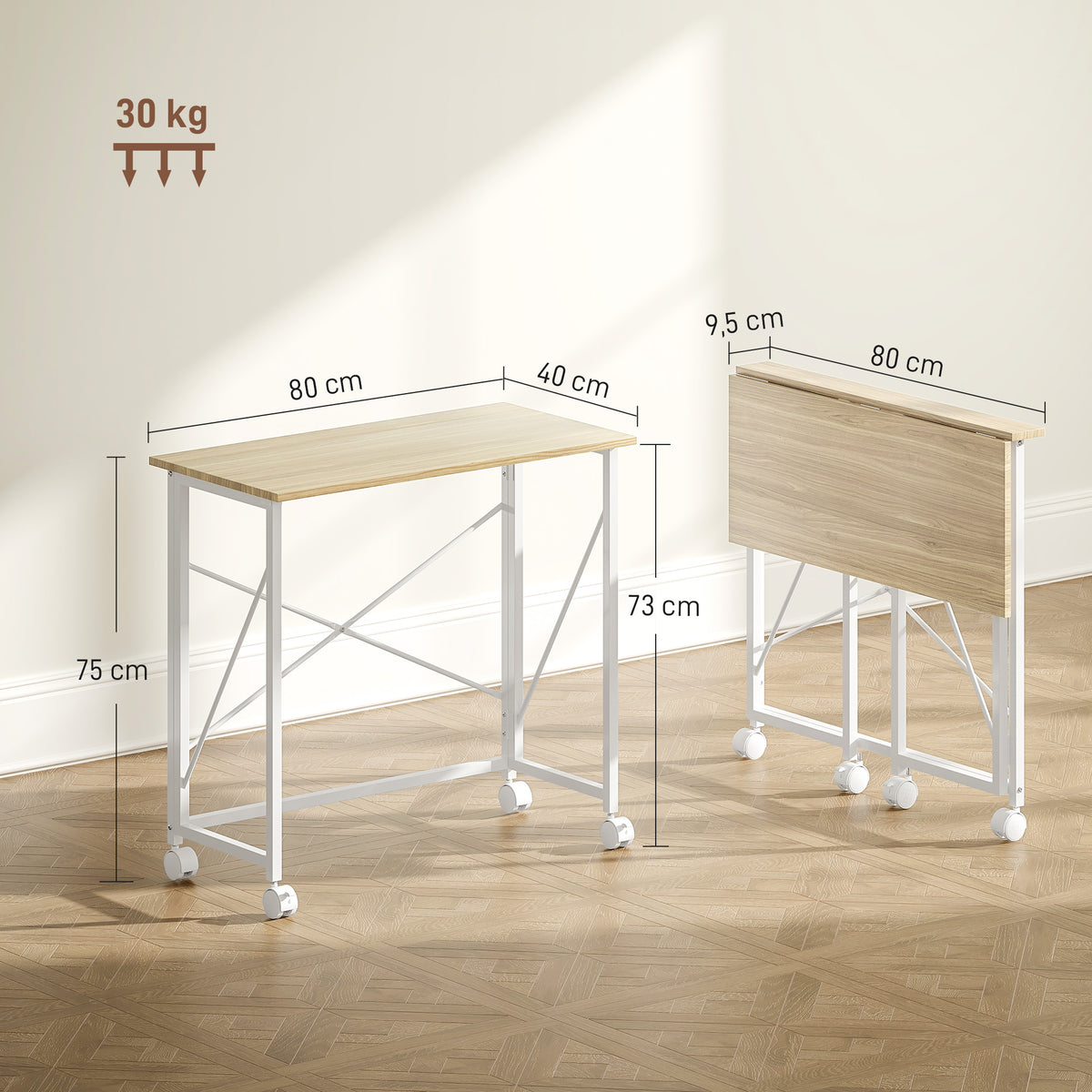 80 cm Folding Desk on Wheels - Natural Tone