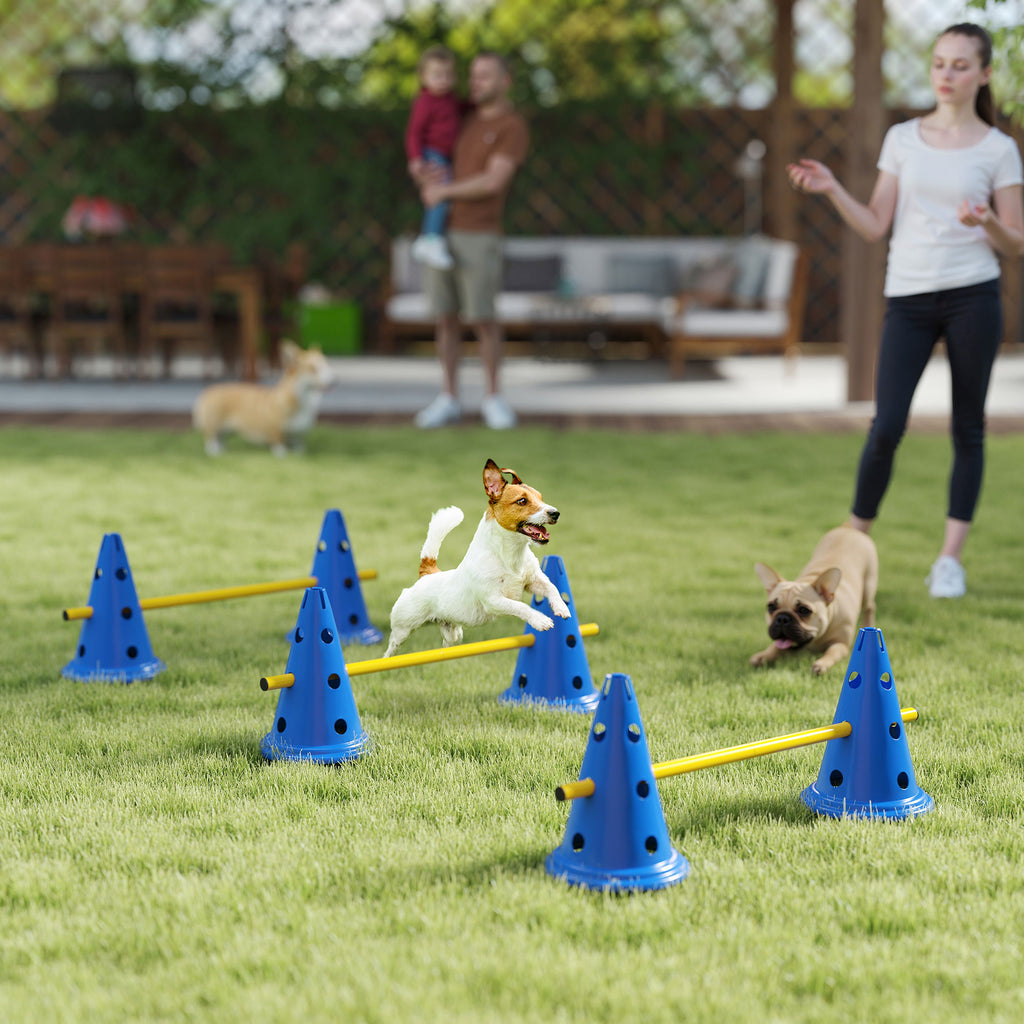 Dog Agility Equipment Set of Six Cones, Six Poles with Carry Bag, Three-Piece Adjustable Height Jumping Obstacles, Blue