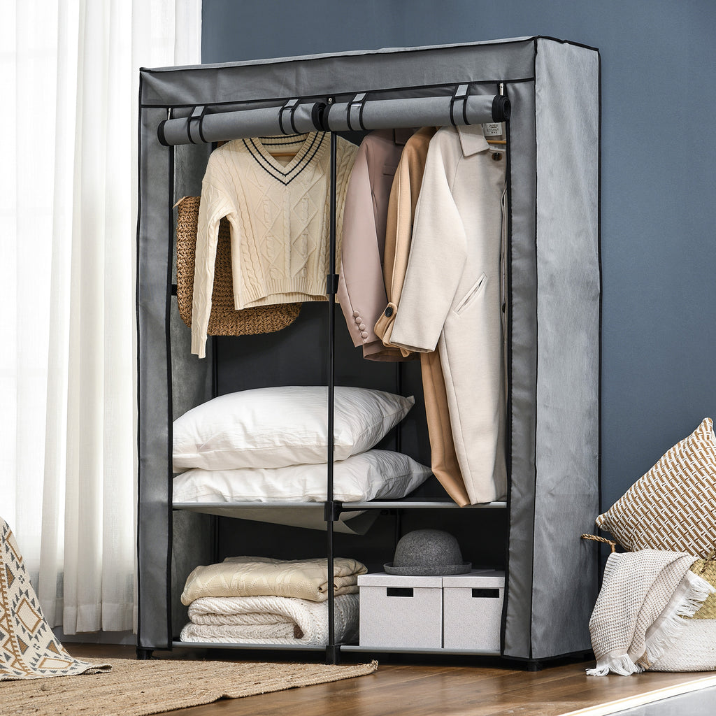 Steel Frame Fabric Wardrobe, with Rail and Shelves - Light Grey
