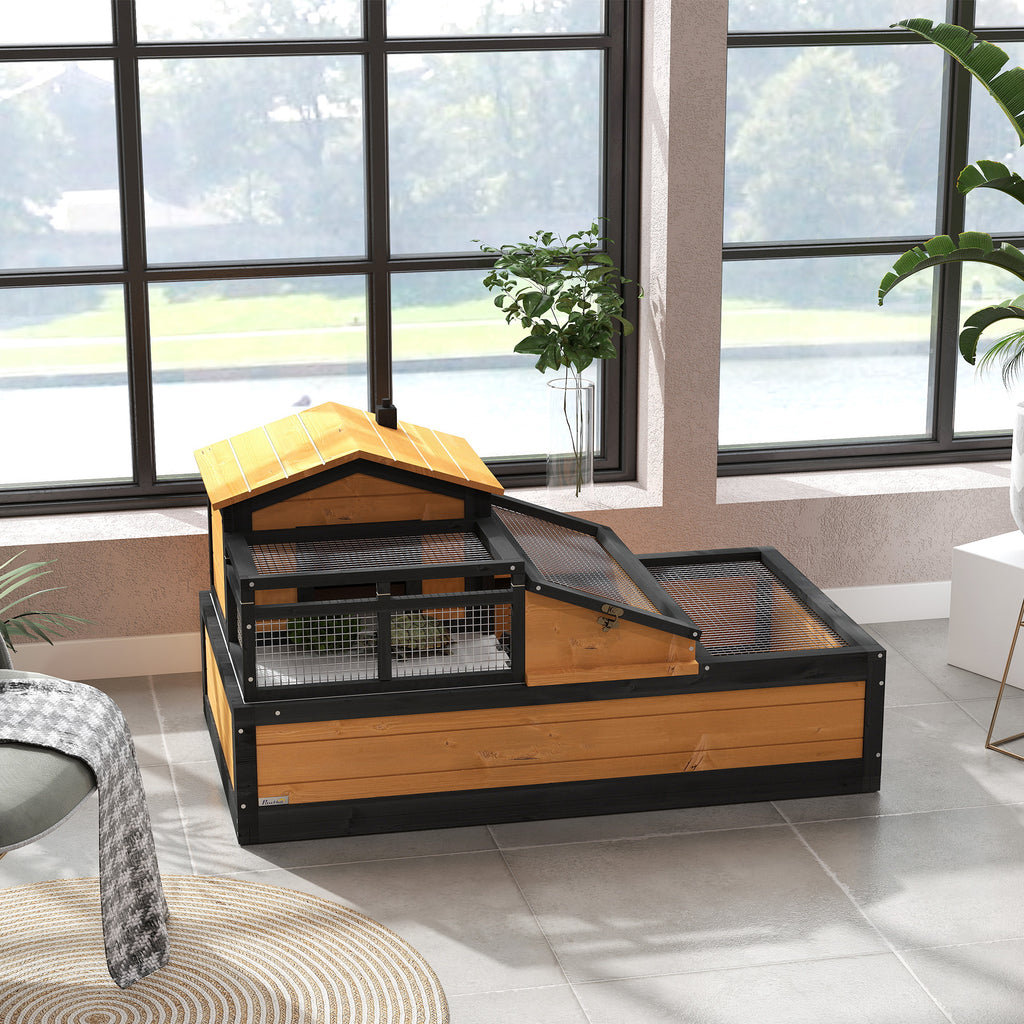 Wooden Tortoise House with Balcony, Tray, Roof, for Indoor and Outdoor, Yellow