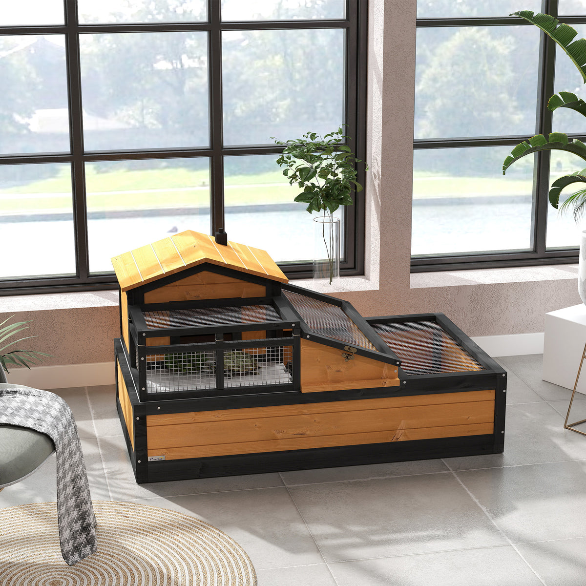 Wooden Tortoise House with Balcony, Tray, Roof, for Indoor and Outdoor, Yellow