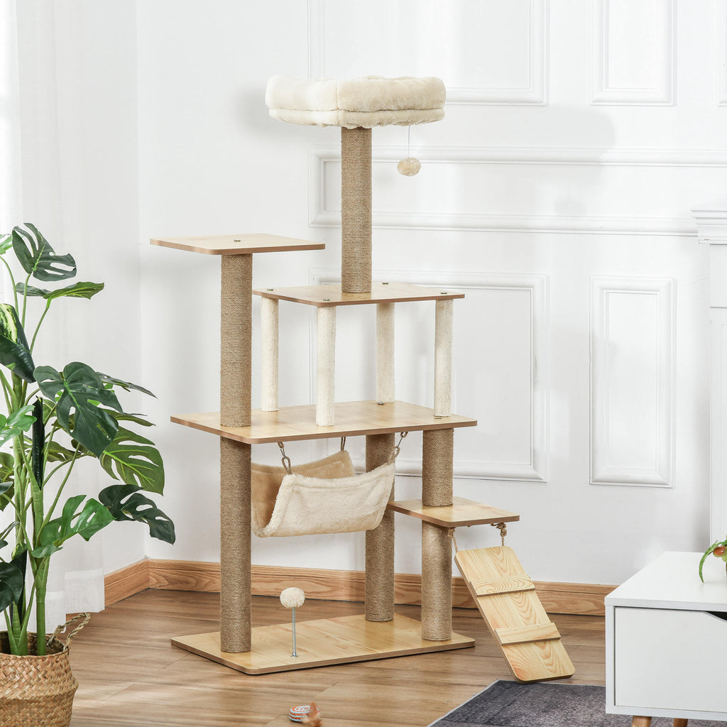 Kratzbaum Katzenbaum für Katzen Kletterbaum aus Holz mit Katzenhöhle Jutestämmen großer Plattform Spielbälle 130 cm Höhe stabil Plüsch Gelb 60 x 40 x 130 cm