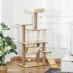 Kratzbaum Katzenbaum für Katzen Kletterbaum aus Holz mit Katzenhöhle Jutestämmen großer Plattform Spielbälle 130 cm Höhe stabil Plüsch Gelb 60 x 40 x 130 cm