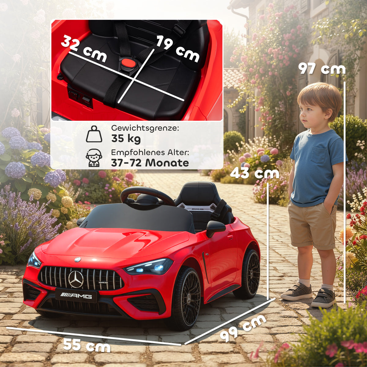 Kinder-Elektroauto, Mercedes-Design, 12V Motoren, Fernbedienung, LED-Lichter, Musik, f¨¹r 3-6 Jahren Kinder, Rot