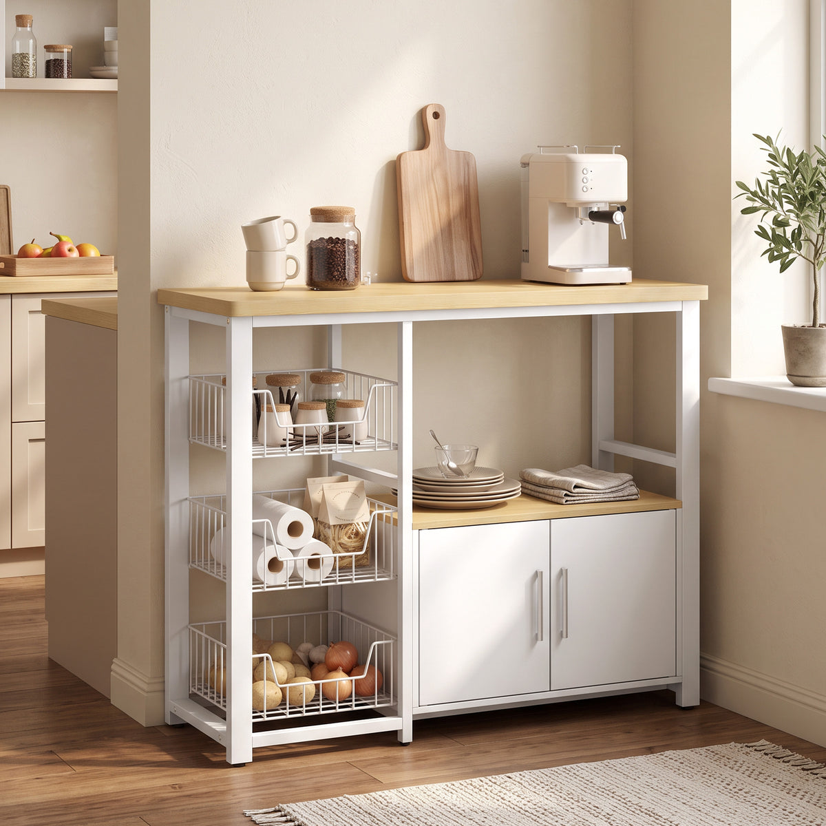 Küchenregal mit Stauraum, Mikrowellenregal mit 3 Körben und Schrank, 100 x 35 x 80 cm, Weiß