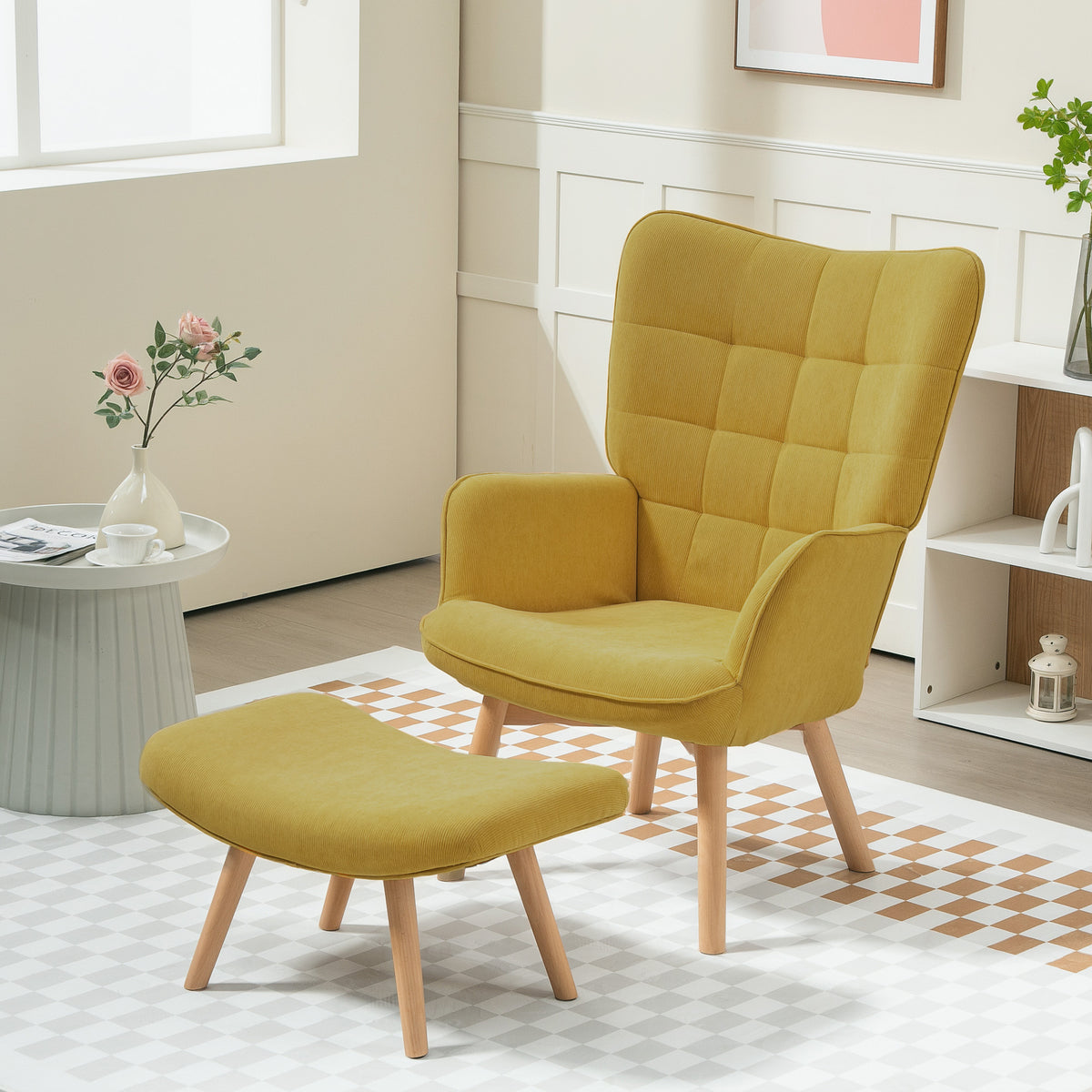 Akzentsessel mit Hocker, Relaxsessel in Cord-Optik, Armlehnstuhl mit Holzbeinen, für Wohnzimmer, Orange