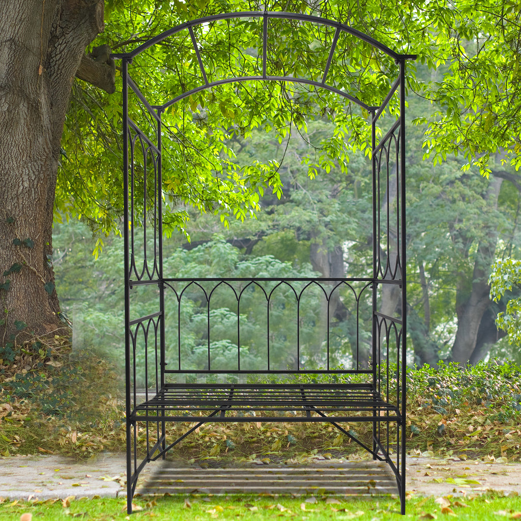 Garden Metal Frame Bench W/Arch for Various Climbing Plant, 115Lx50Wx203H cm-Black