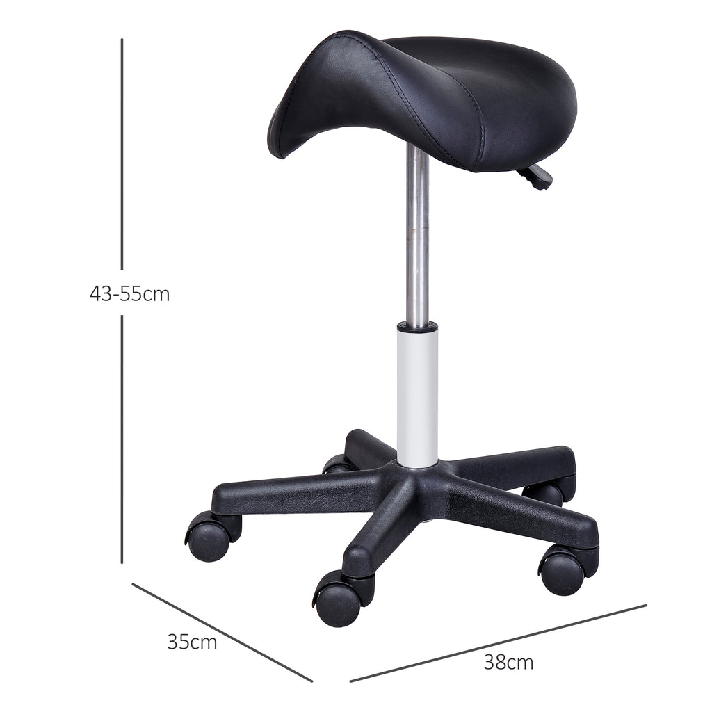 Saddle Stool, PU Leather Adjustable Rolling Salon Chair with Steel Frame for Massage, Spa, Beauty and Tattoo, Black