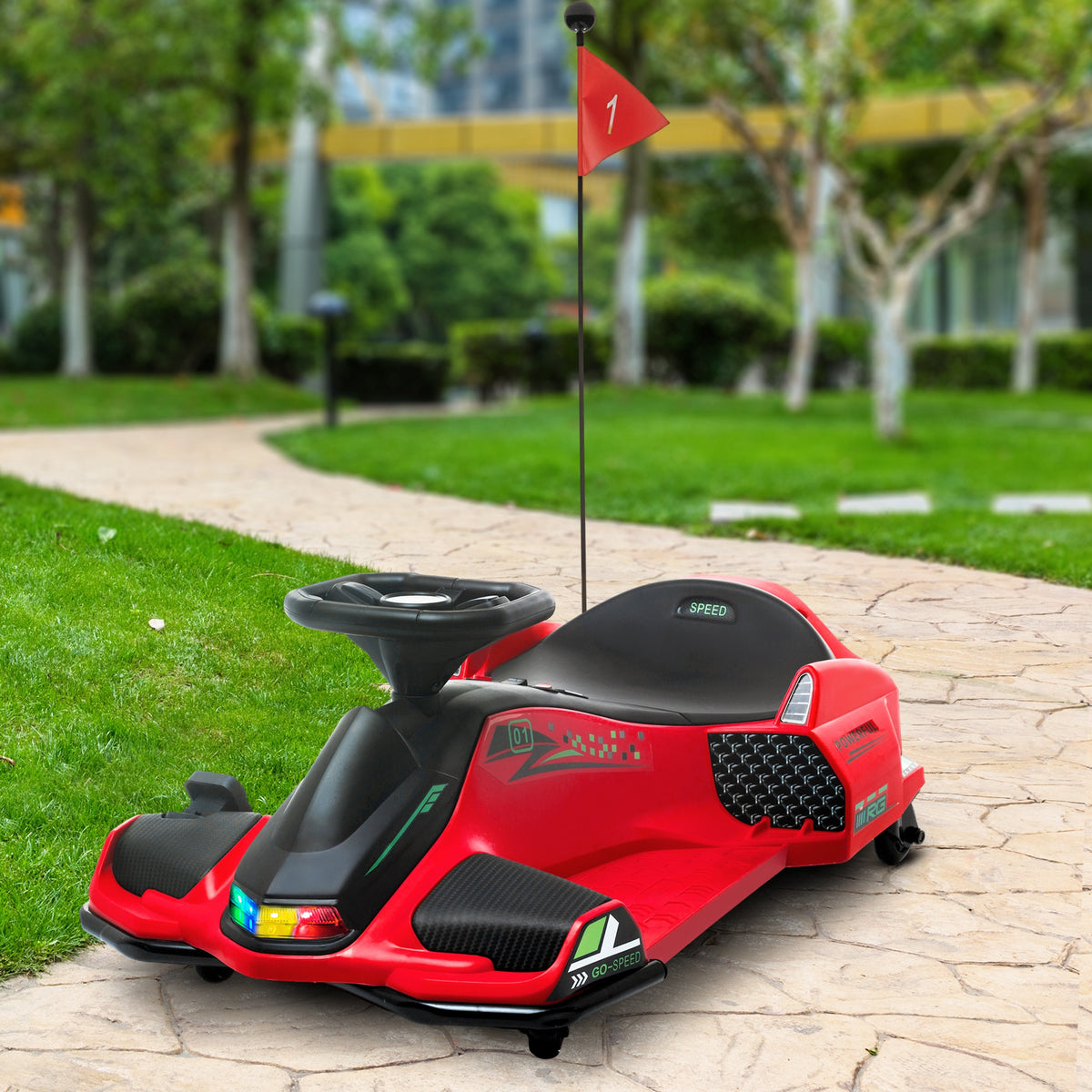 Elektrisches Go-Kart für Kinder, Gummiräder, 3-8 km/h, mit Lichtern und Musikfunktion, Rot