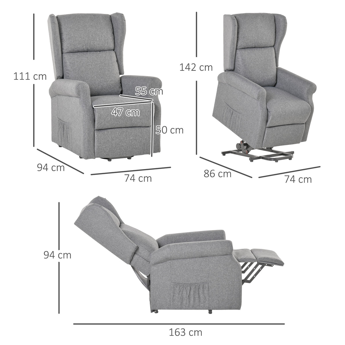 Relaxsessel, Aufstehhilfe, Liegefunktion, bis 200kg, 72,5x94x109cm, Grau
