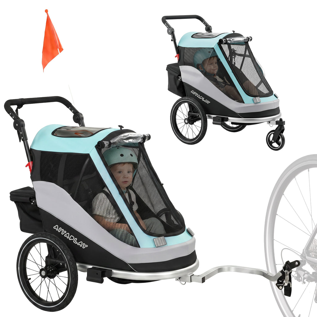 2 in 1 Fahrradanhänger & Buggy Faltbar Kinderfahrradanhänger mit 5-Punkt Gurt Reflektoren 16-Zoll-Luftreifen Bremse