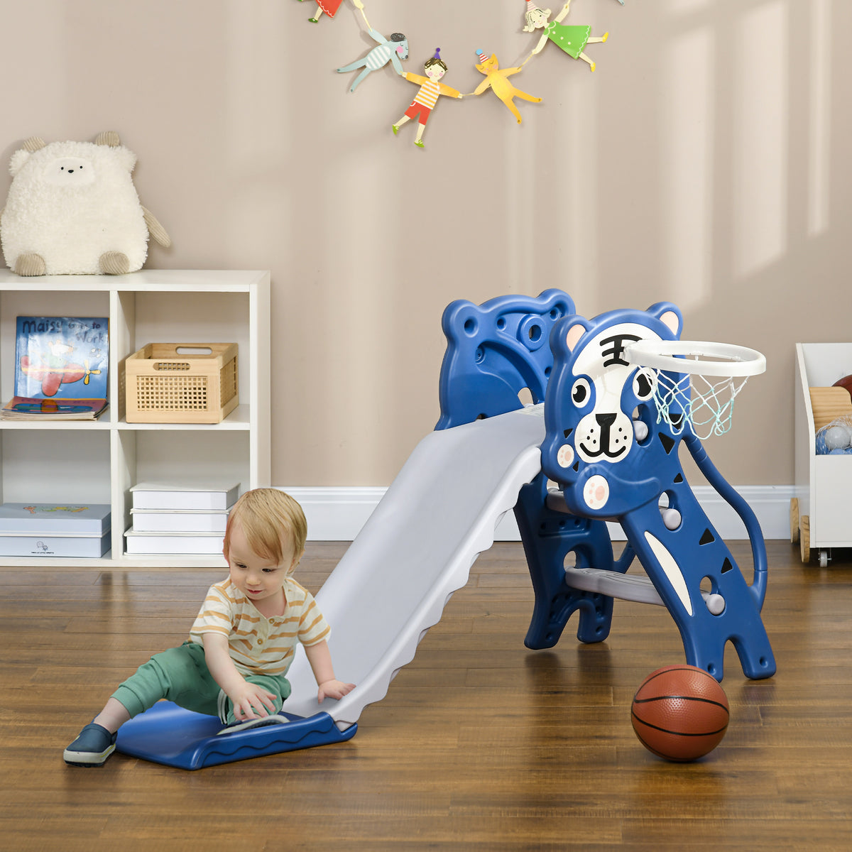 3 in 1 Baby Slide for Indoor Use with Climber, Basketball Hoop, Basketball, for Ages 18-36 Months - Blue
