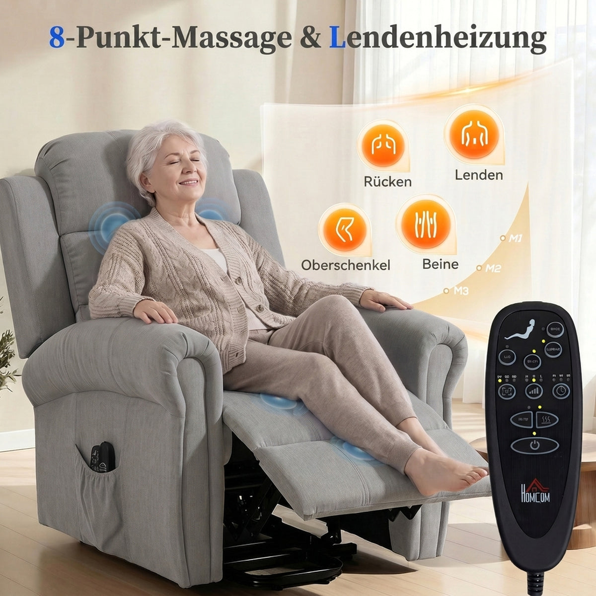 Fernsehsessel Elektrisch mit Aufstehhilfe Massage & Heizung Hellgrau
