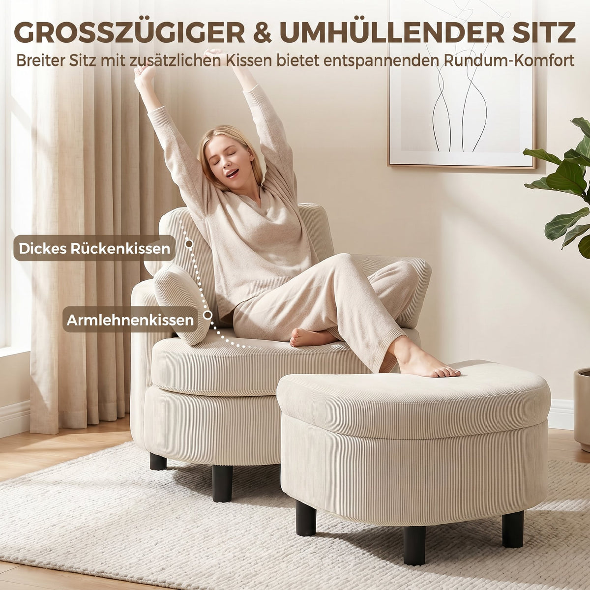 Sessel Loungesessel mit Aufbewahrungshocker, Kissen Cremeweiß