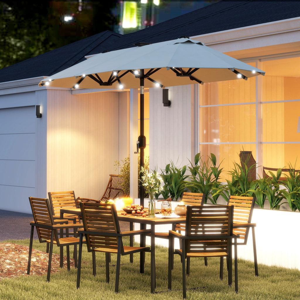 Doppelschirm, Terrassenschirm, neigbar, mit Solarpaneel, 35 LEDs, Stahlrahmen, beige, 2,92 x 1,50 x 2,18 m