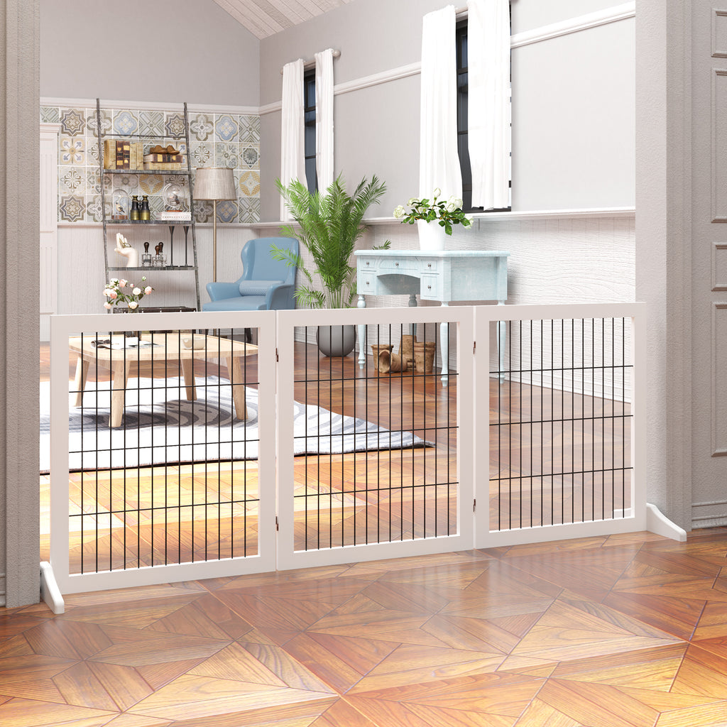 Absperrgitter Hund Freistehendes Schutzgitter mit Füßen 185 x 71 cm Holz Hundegitter Treppenschutzgitter Treppengitter Hundeabsperrgitter für Treppen, Türen, Küche, Flur, 3 Paneelen, Weiß