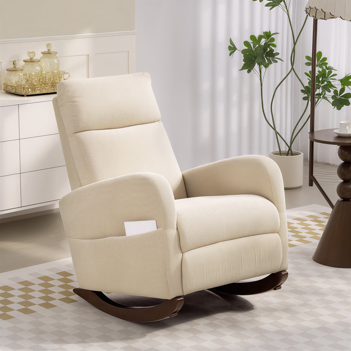 Schaukelstuhl, gepolsterter Schaukelsessel mit Cordstoff, Seitentaschen für Wohnzimmer, Schlafzimmer, Beige