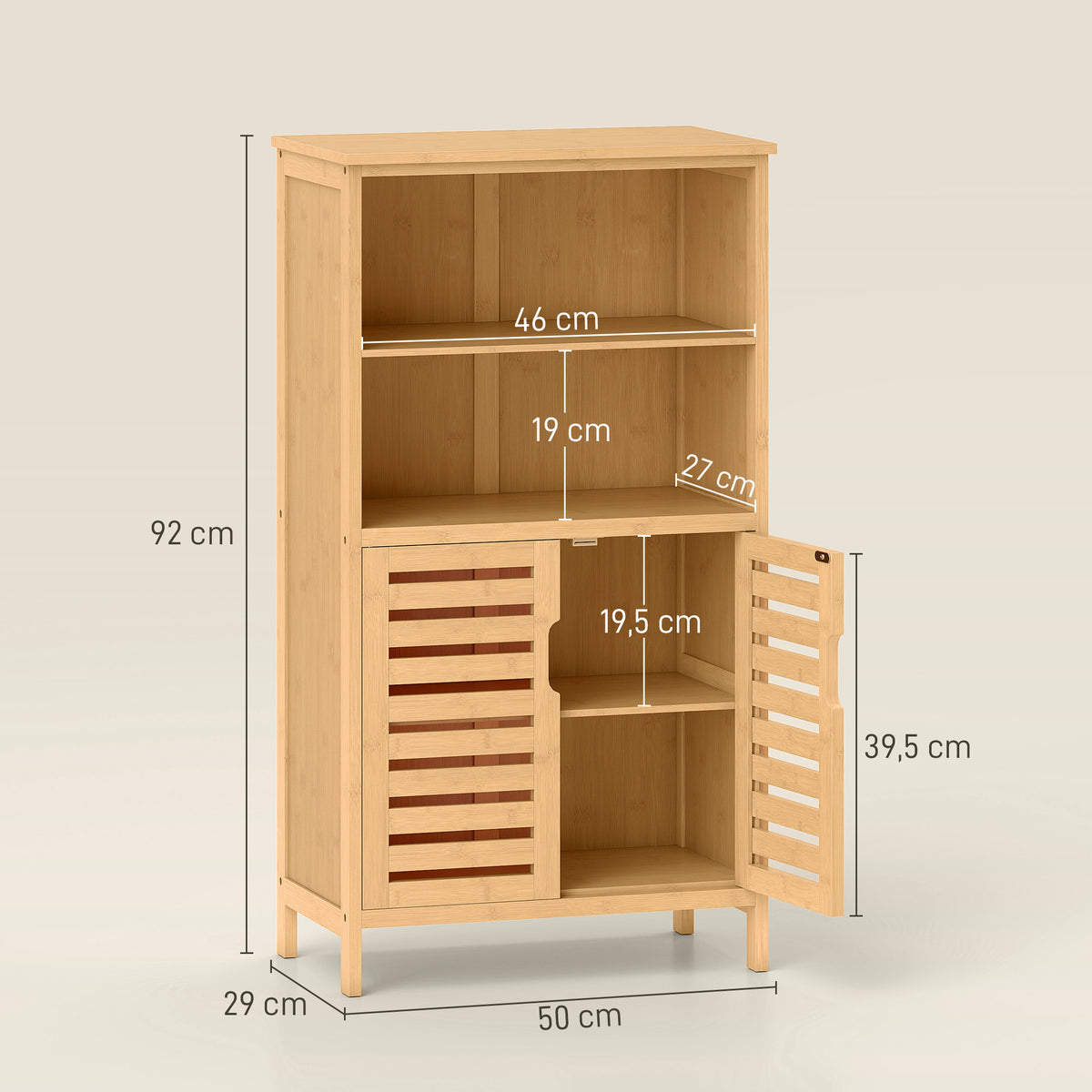 Badezimmerschrank aus Bambus, mit Lamellent¨¹ren, 2 Regale, 1 Schrank, 50?cm x 29?cm x 92?cm, Natur