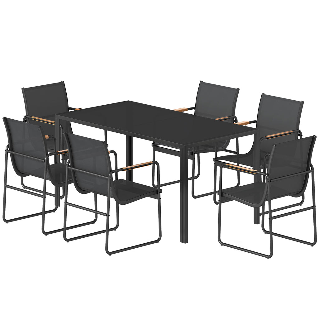 Gartenmöbel Set Sitzgruppe 150 x 80cm Glastisch mit 6 Atmungsaktiven Stühlen Dekorative Armlehnen Schwarz