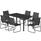 Gartenmöbel Set Sitzgruppe 150 x 80cm Glastisch mit 6 Atmungsaktiven Stühlen Dekorative Armlehnen Schwarz