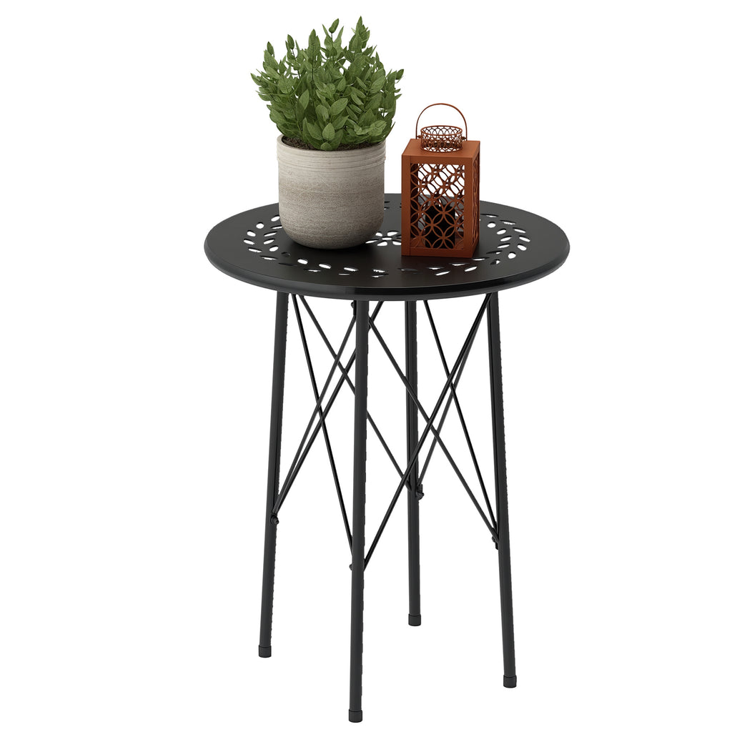 Gartentisch, Runder Terrassentisch mit Blumenmuster, Stahl, Bistrotisch für drinnen und draußen, Schwarz