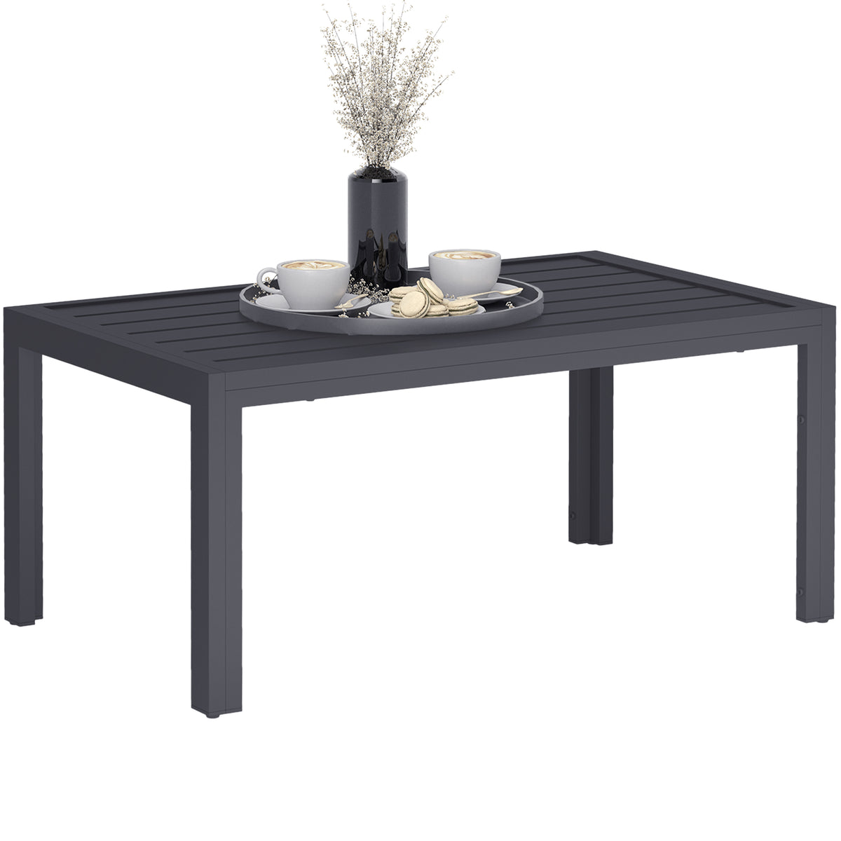 Outdoor Side Table, Rectangular Patio Coffee Side Table with Steel Frame and Slat Tabletop for Garden, Balcony, Grey