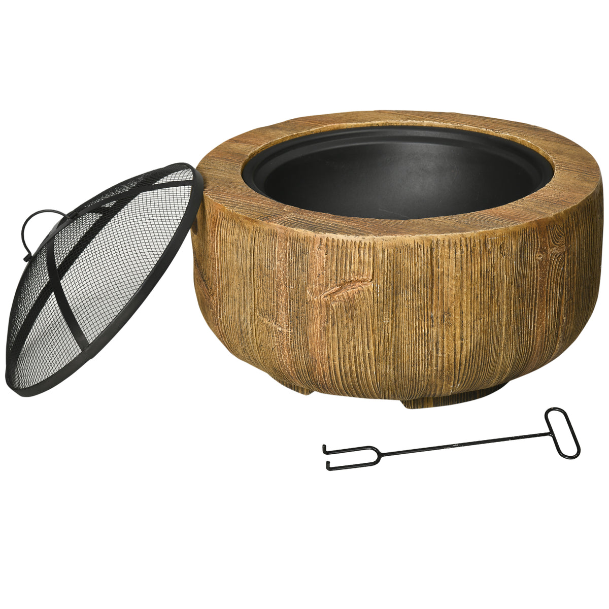 Outdoor Fire Pit, 61.5 cm Metal Wood Burning Fireplace with Spark Cover, Poker, Woodgrain Design