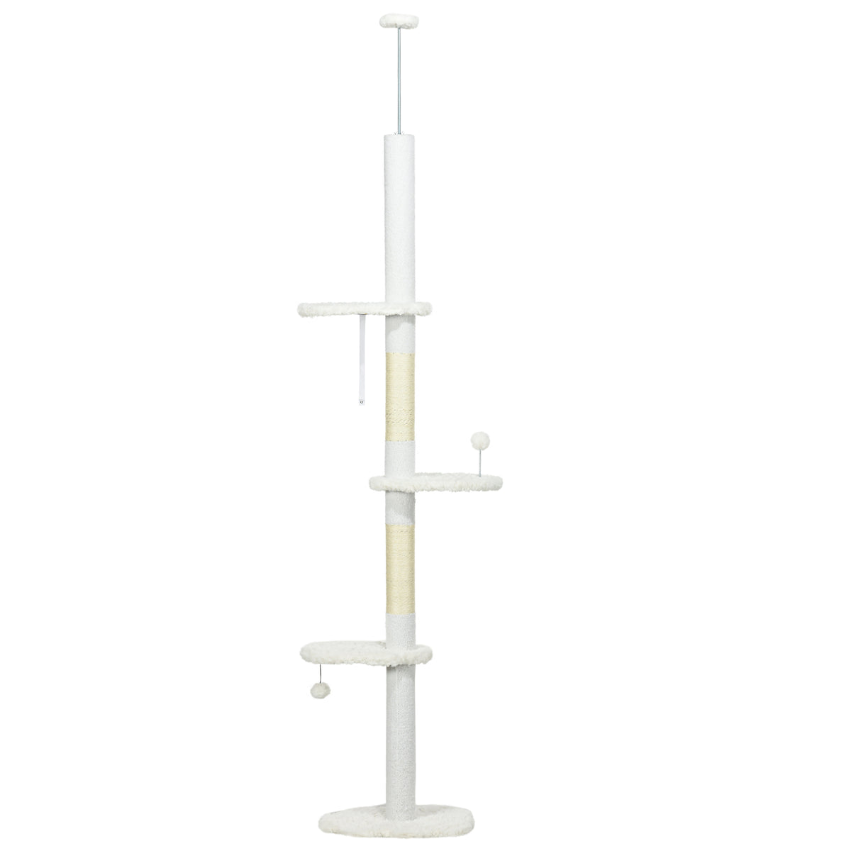 Deckenhoher Kratzbaum, variable Höhe 2,25-2,55 m, Sitzplattformen, Kippschutz, Spielbälle, weiß
