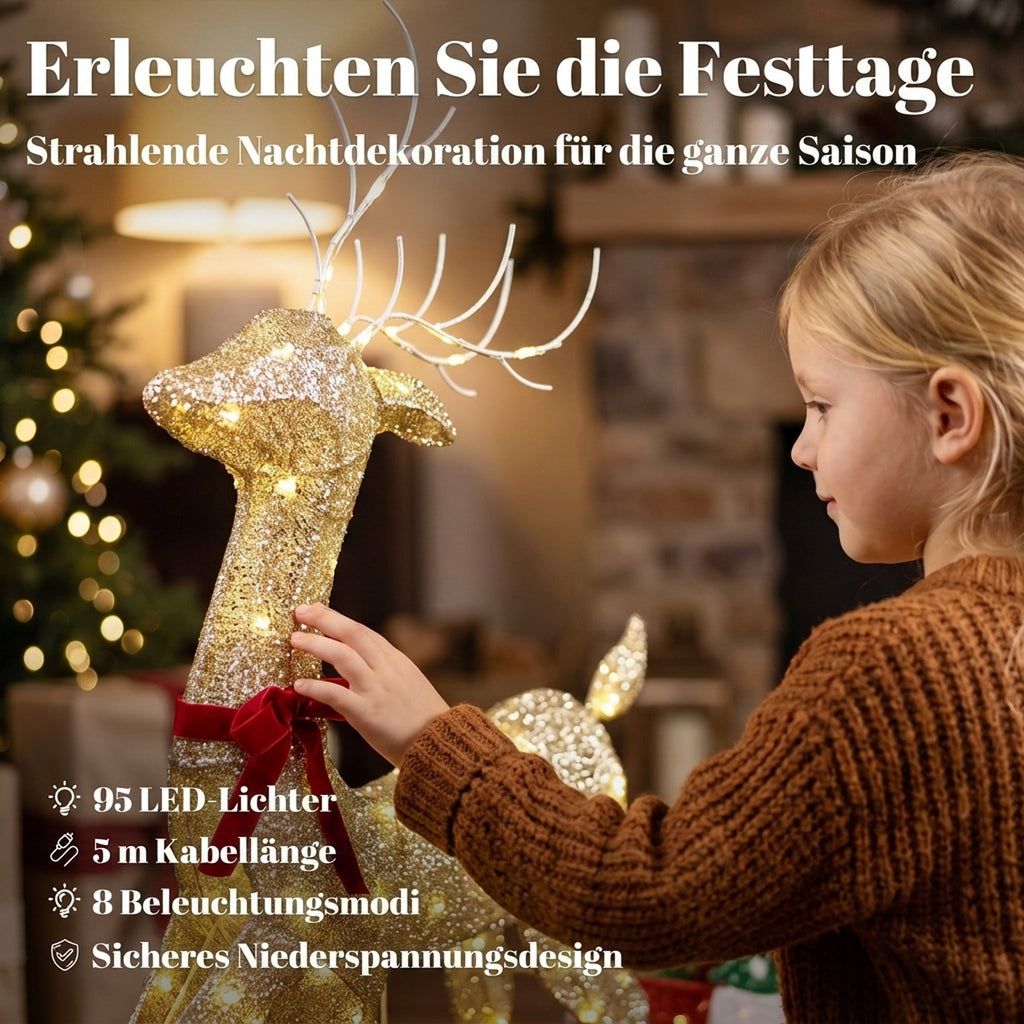 Leuchtendes Rentier mit Schlitten, flache Weihnachtsdeko für außen, 95 warmweiße LEDs, 8 Leuchtmodi, Timer