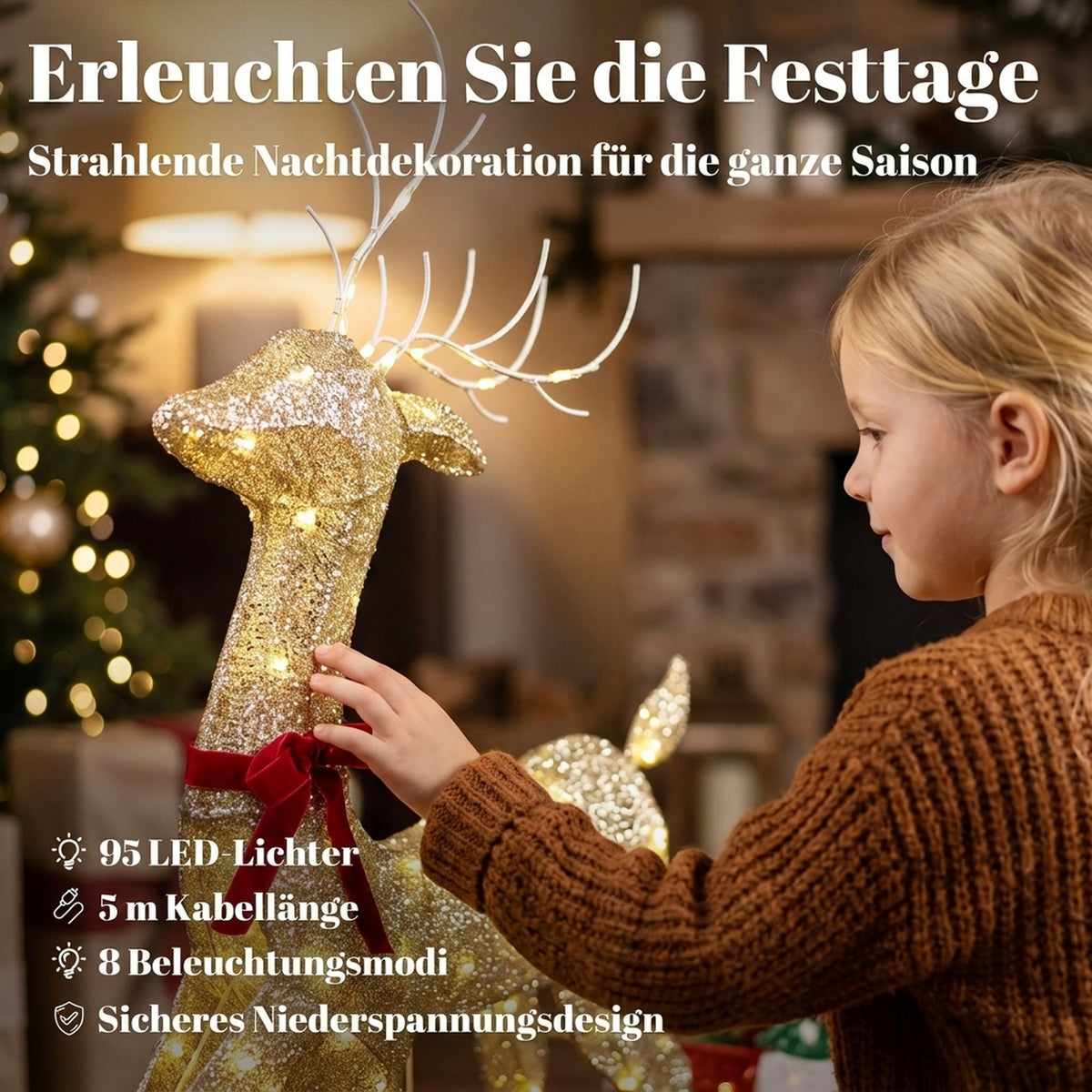 Leuchtendes Rentier mit Schlitten, flache Weihnachtsdeko für außen, 95 warmweiße LEDs, 8 Leuchtmodi, Timer