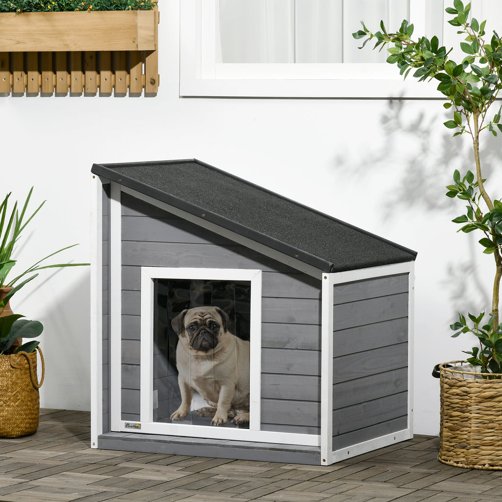 Hundehütte aus Massivholz, wetterbeständig, Asphaltdach, 71 cm x 58 cm x 77 cm, Grau + Weiß