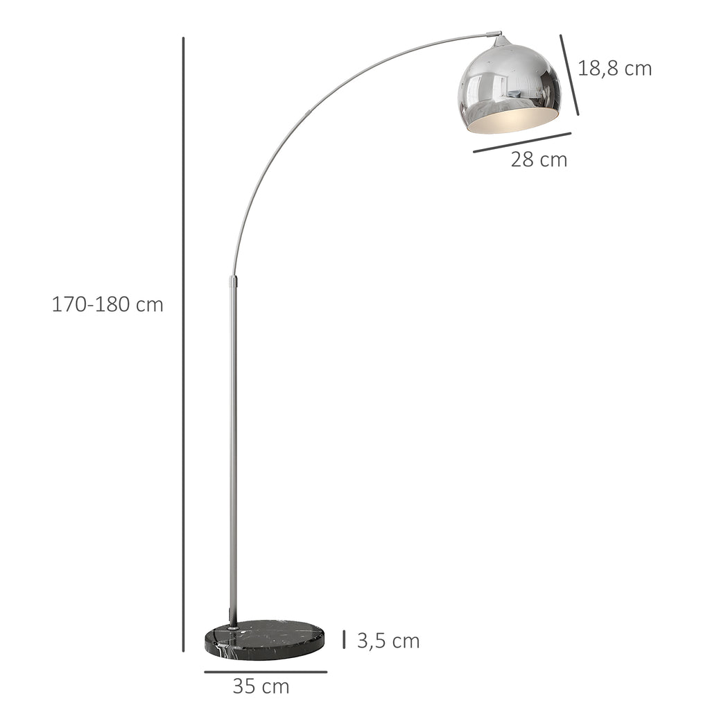 Bogenleuchte, Stehlampe, höhenverstellbar, Fußschalter, Sockel in Marmoroptik, 170-180cm, Silber/Schwarz